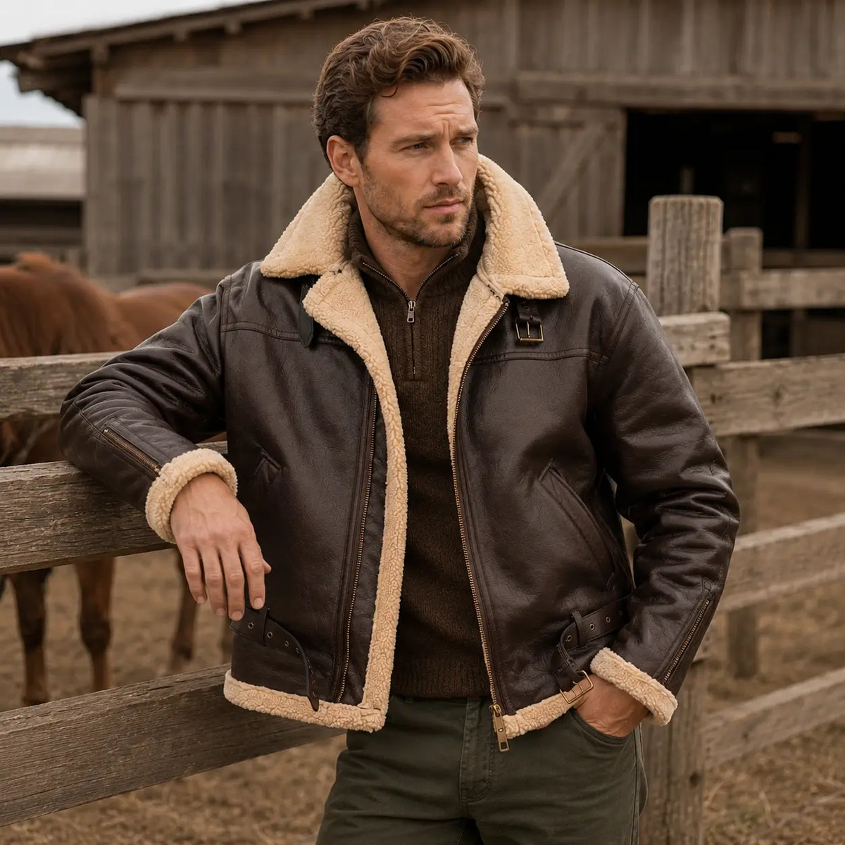 Men's Faux Shearling Aviator Jacket – Insulated Leather Look Bomber Coat with High Collar
