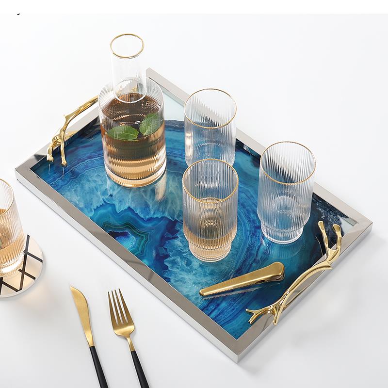 Decorative Serving Platter with Natural Stone Pattern Gold Silver Finish Coffee Table Centerpiece for Living Room Dining | Thomler