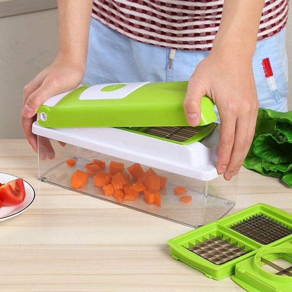 Cortador de verduras con 8 cuchillas intercambiables y protector de manos, recipiente integrado