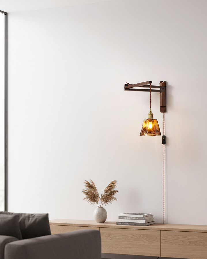 Swing-Arm Sconce with Wood & Brass Construction – Adjustable Directional Lighting for Bedroom, Reading Nook, Hallway – Multiple Shade Styles