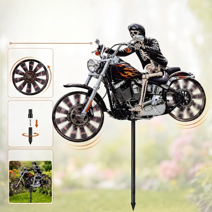 Skelet-motorfiets windspinner met grondpen voor in de tuin