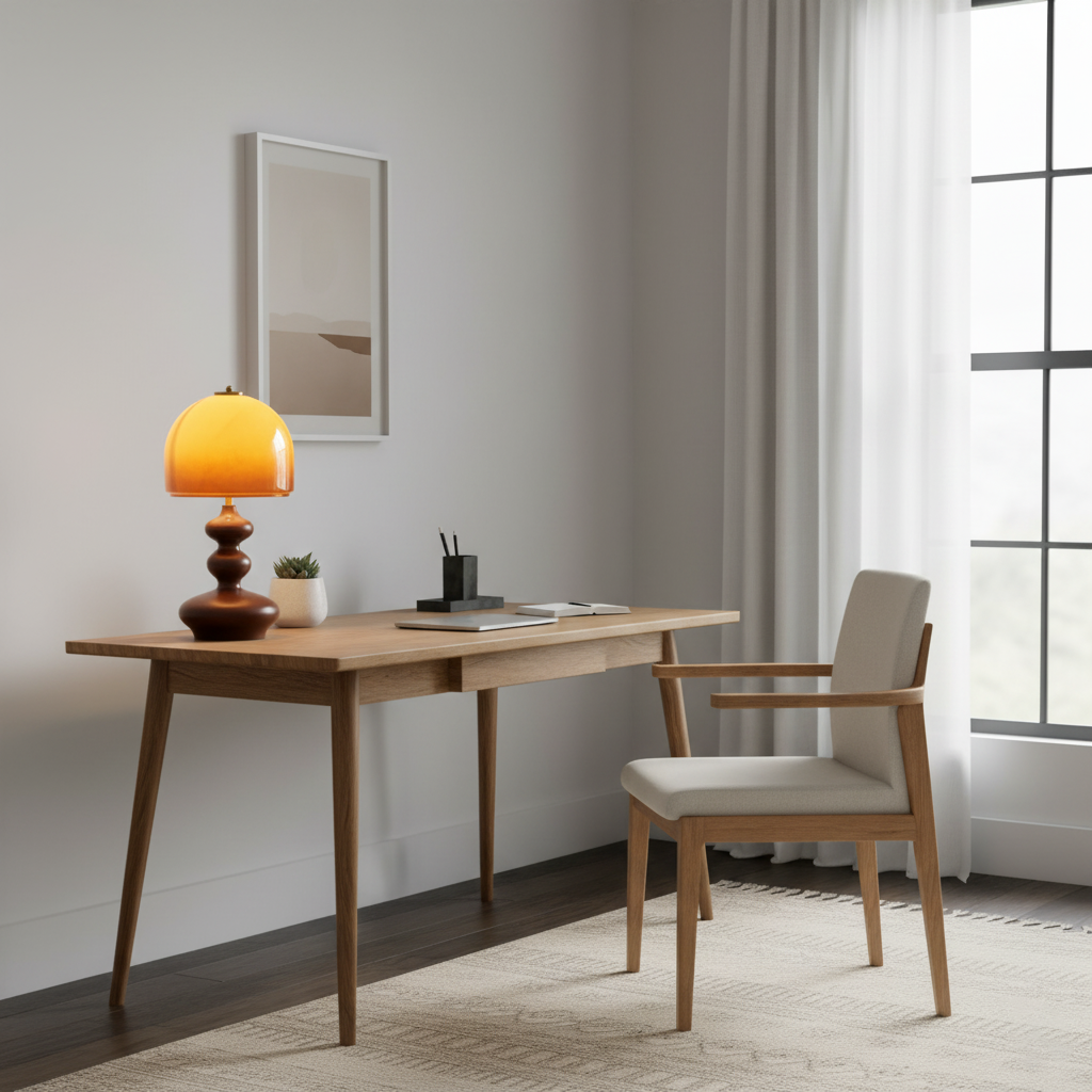 Wooden Desk Lamp with Amber Glass Shade 10 in × 20 in for Nightstand Bedroom Office Cozy Reading Light | Thomler