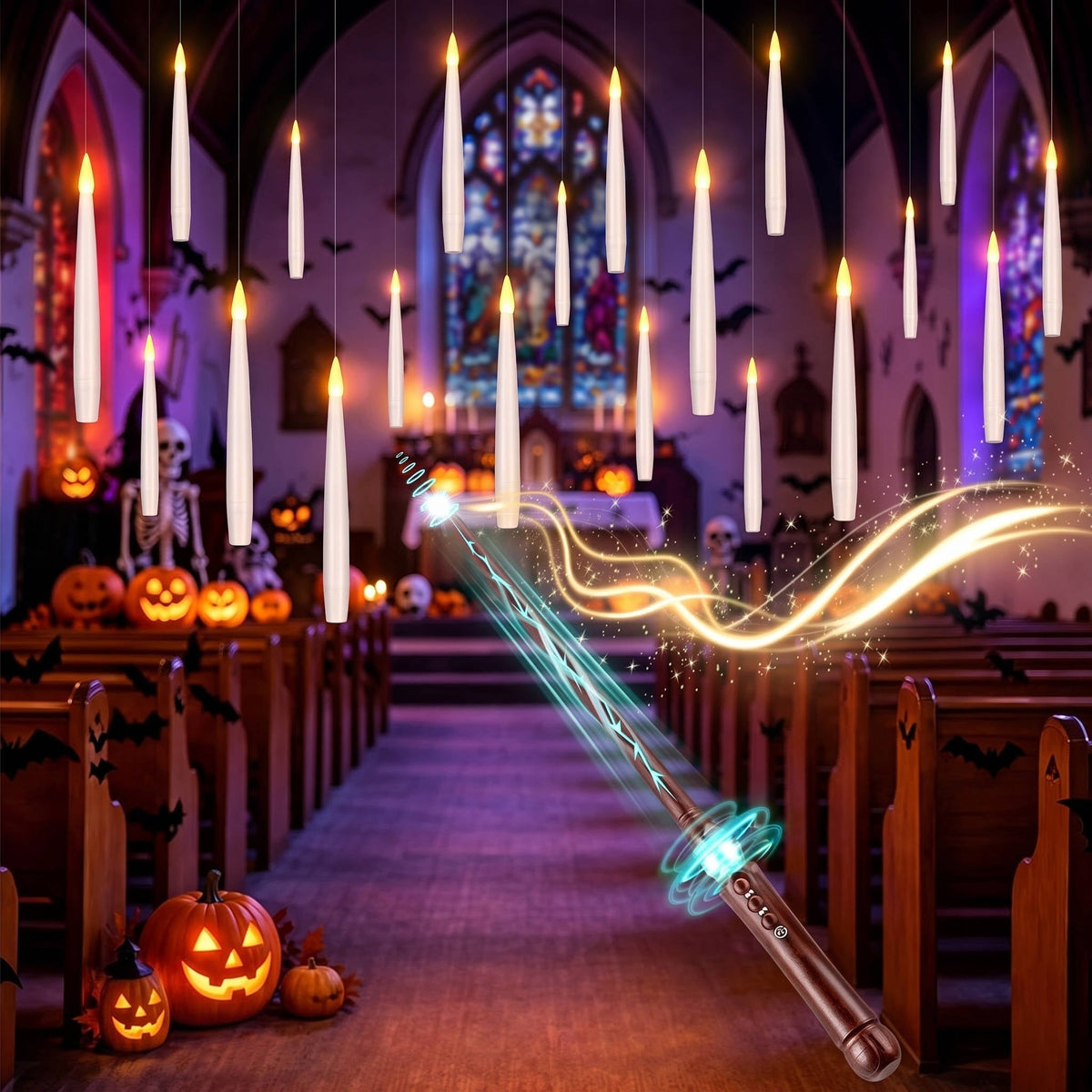 20 Stk. schwebende Kerzen, Halloween-Dekoration mit Zauberstab-Timer für Indoor-Partys und Spukhaus-Dekorationen
