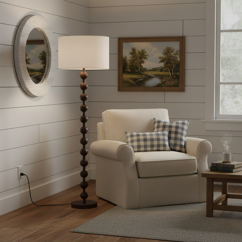Tall Standing Lamp with White Shade 63 Inches Natural Wood Base Dimmable Accent Light for Bedroom Living Room Corner Reading Nook Modern Dec | Thomler