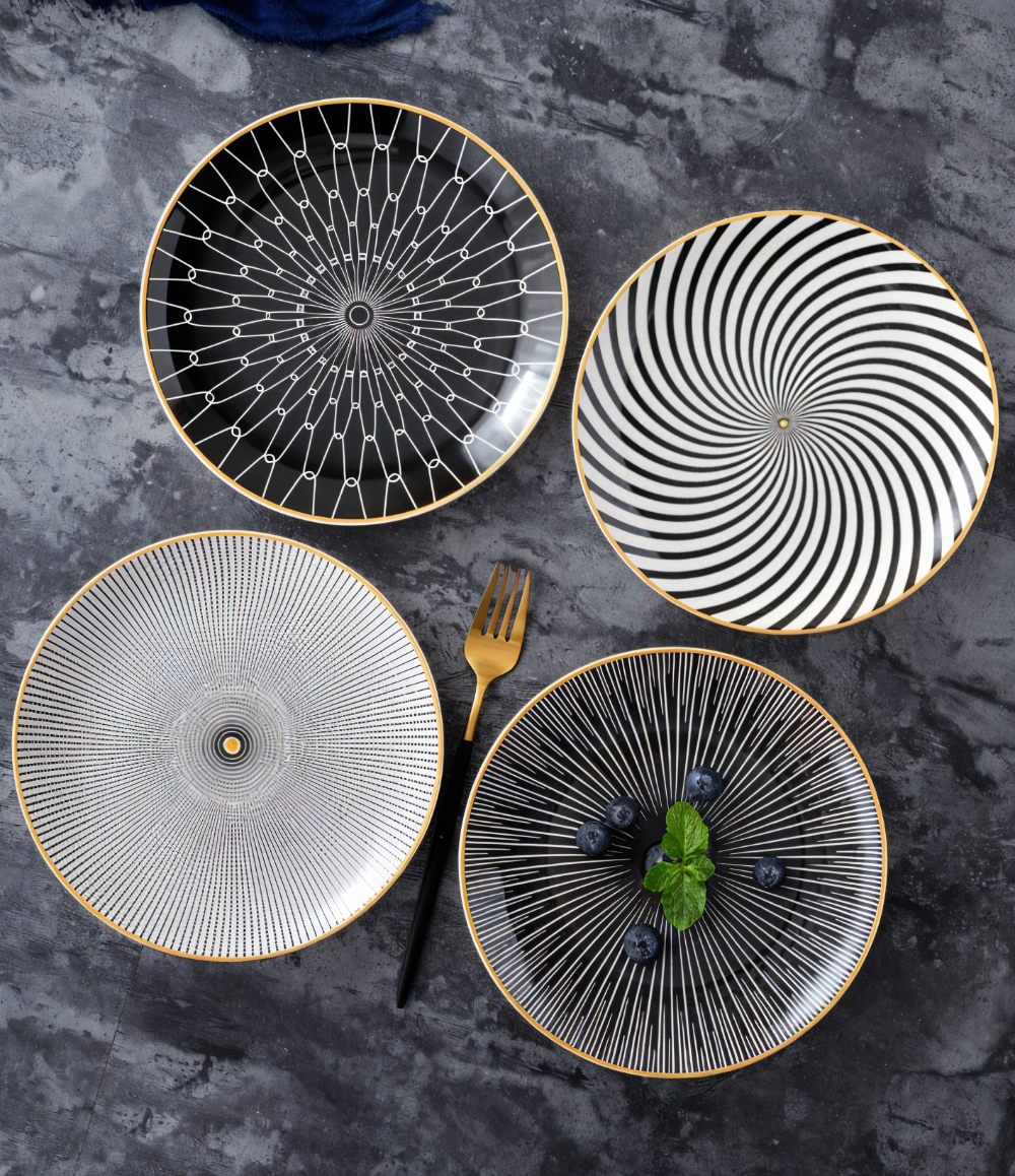 Dinner Plate Set 10 Inch Monochrome Pattern Gold Edge Fine China Dishware for Kitchen Table Modern Black White Serving Plates Dining Room De | Thomler