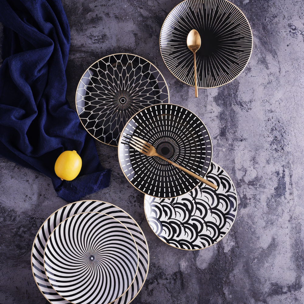 Dinner Plate Set 10 Inch Monochrome Pattern Gold Edge Fine China Dishware for Kitchen Table Modern Black White Serving Plates Dining Room De | Thomler