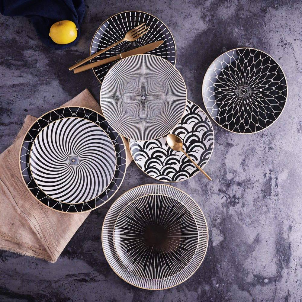 Dinner Plate Set 10 Inch Monochrome Pattern Gold Edge Fine China Dishware for Kitchen Table Modern Black White Serving Plates Dining Room De | Thomler