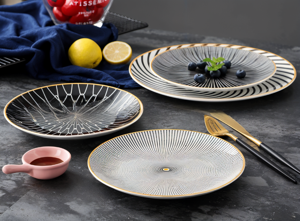 Dinner Plate Set 10 Inch Monochrome Pattern Gold Edge Fine China Dishware for Kitchen Table Modern Black White Serving Plates Dining Room De | Thomler