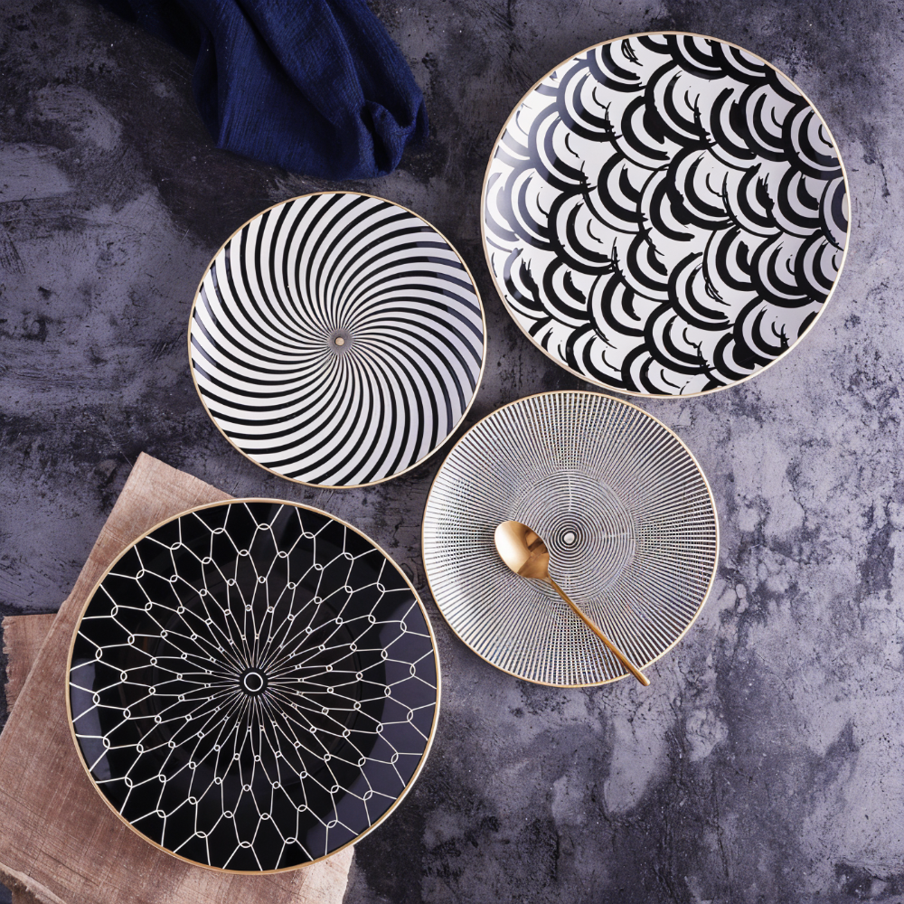 Dinner Plate Set 10 Inch Monochrome Pattern Gold Edge Fine China Dishware for Kitchen Table Modern Black White Serving Plates Dining Room De | Thomler