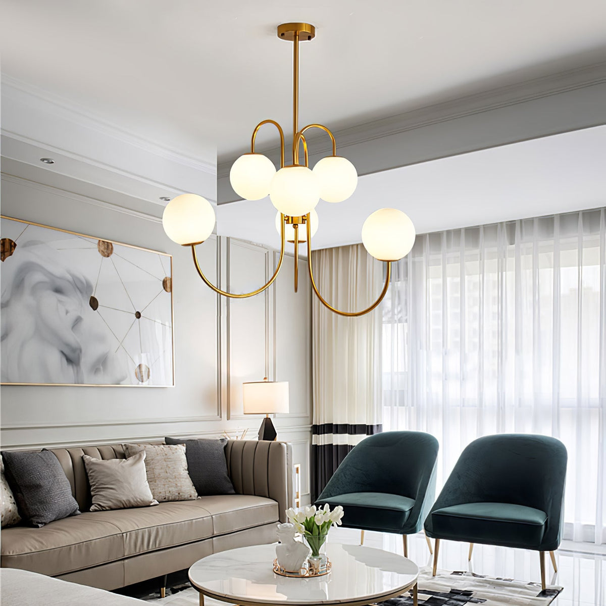 Lámpara de techo de varios brazos, marco de metal, pantallas de vidrio esmerilado, oro, negro, blanco, 30 pulgadas de diámetro, para sala de estar, comedor, dormitorio, luz superior | Thomler
