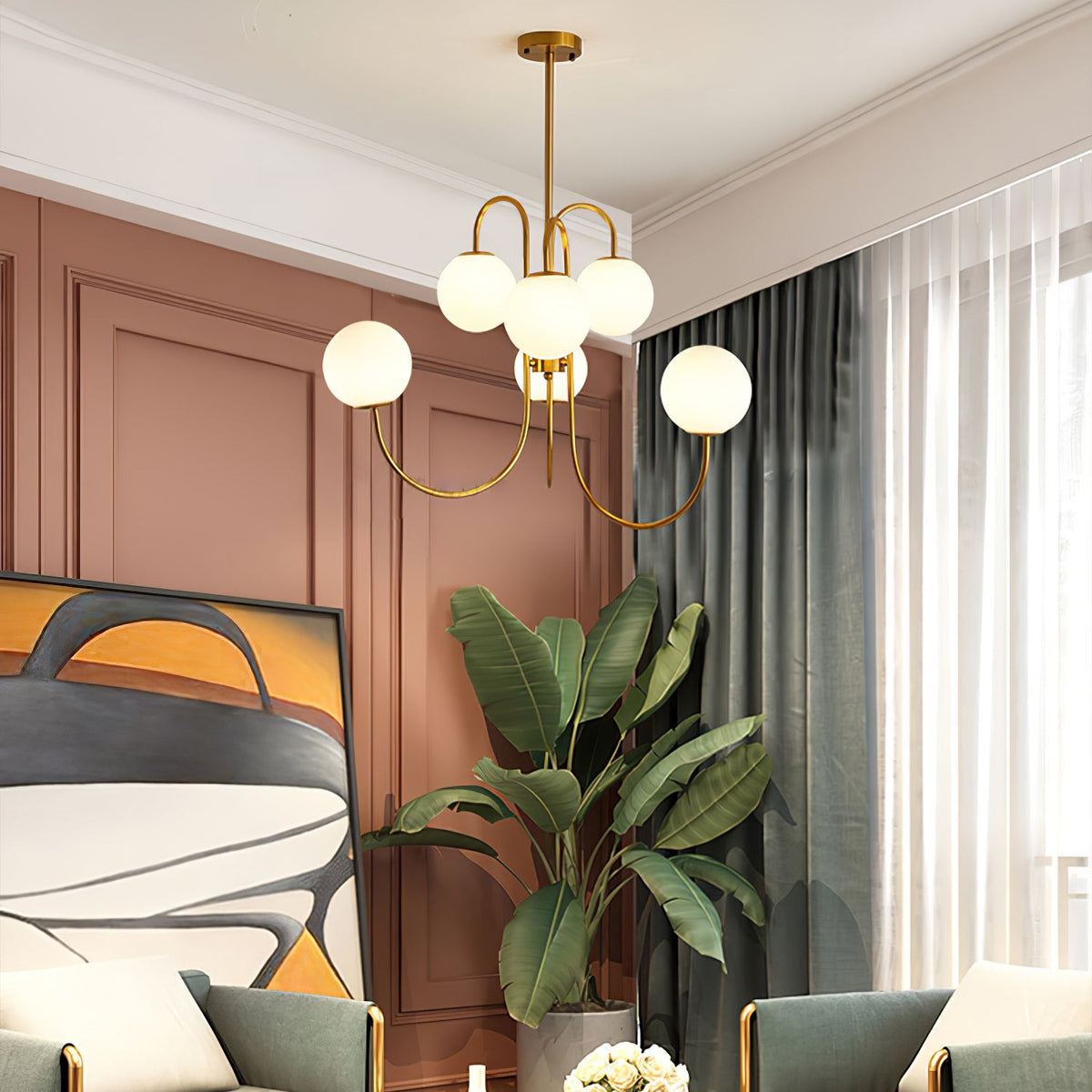Lámpara de techo de varios brazos, marco de metal, pantallas de vidrio esmerilado, oro, negro, blanco, 30 pulgadas de diámetro, para sala de estar, comedor, dormitorio, luz superior | Thomler