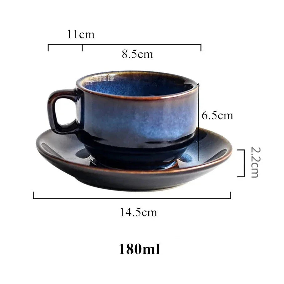 Juego de taza y plato de porcelana de 12 oz, acabado azul profundo para bebidas calientes, uso diario en cocina y hogar, vajilla para servir café, té, desayuno y utensilios de bebida | Thomler