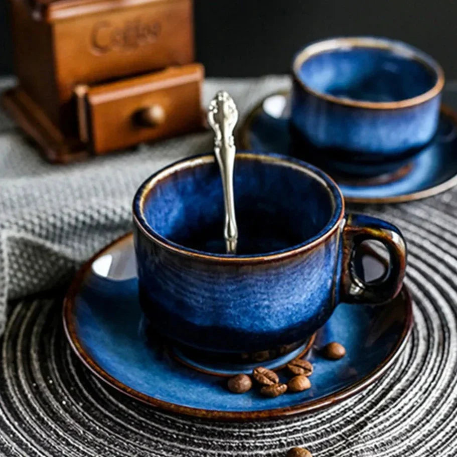 Bone China Coffee and Espresso Cup with Saucer Set - Deep Blue Ceramic Drinkware for Tea, Coffee, and Hot Beverages - Elegant Mug and Plate | Thomler