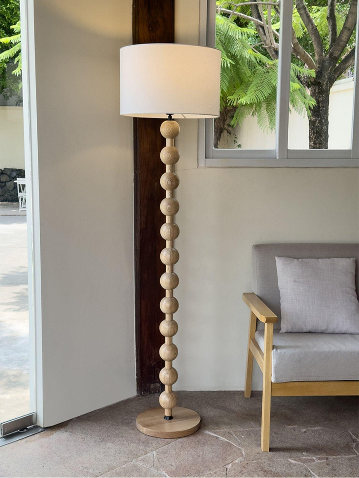 Tall Standing Lamp with White Shade 63 Inches Natural Wood Base Dimmable Accent Light for Bedroom Living Room Corner Reading Nook Modern Dec | Thomler
