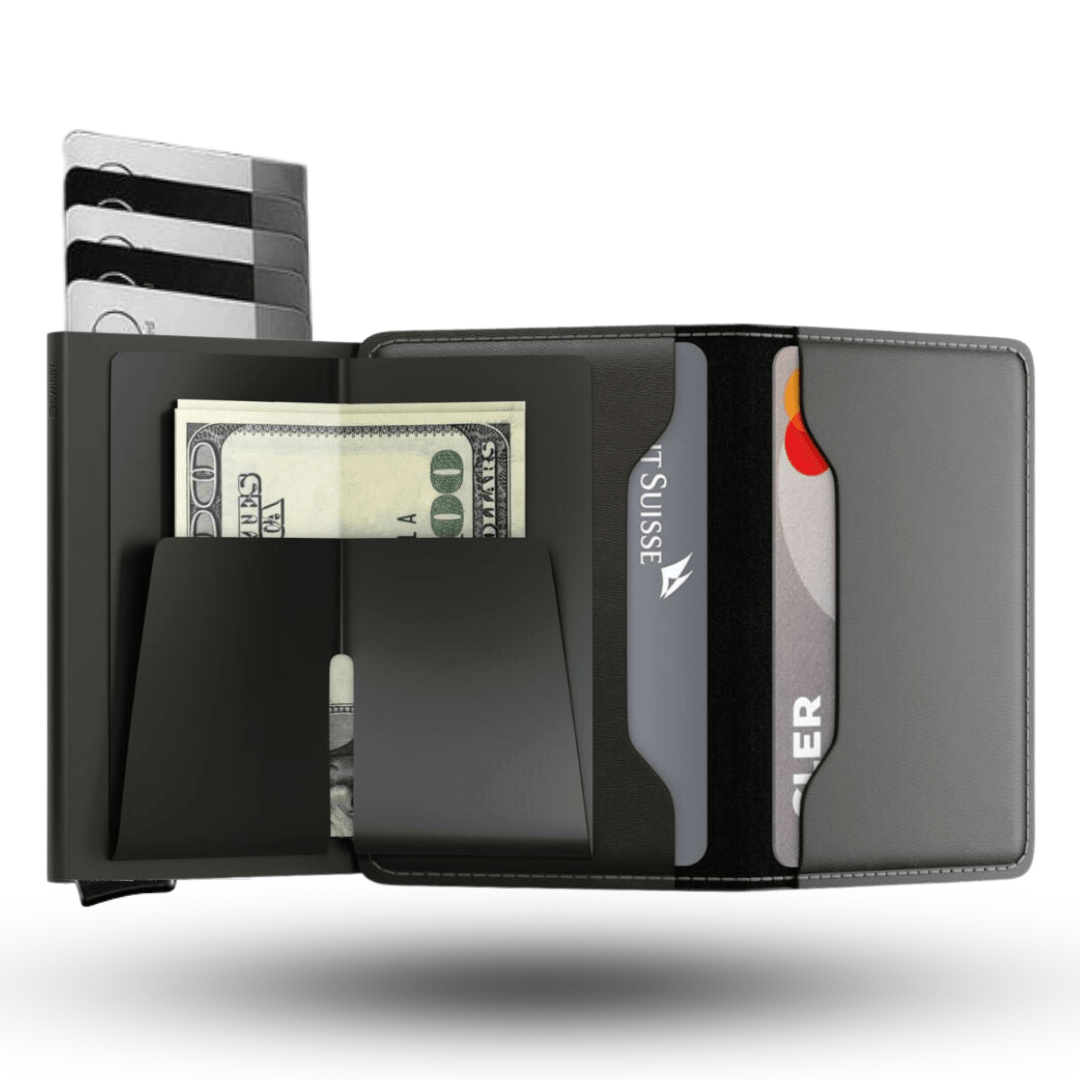 RFID-Blocking Leather Billfold with Pop-Up Card Holder 3.7 × 2.6 × 0.4 Inches Slim Aluminum Mechanism Travel Wallet Compact Front Pocket Org | Thomler