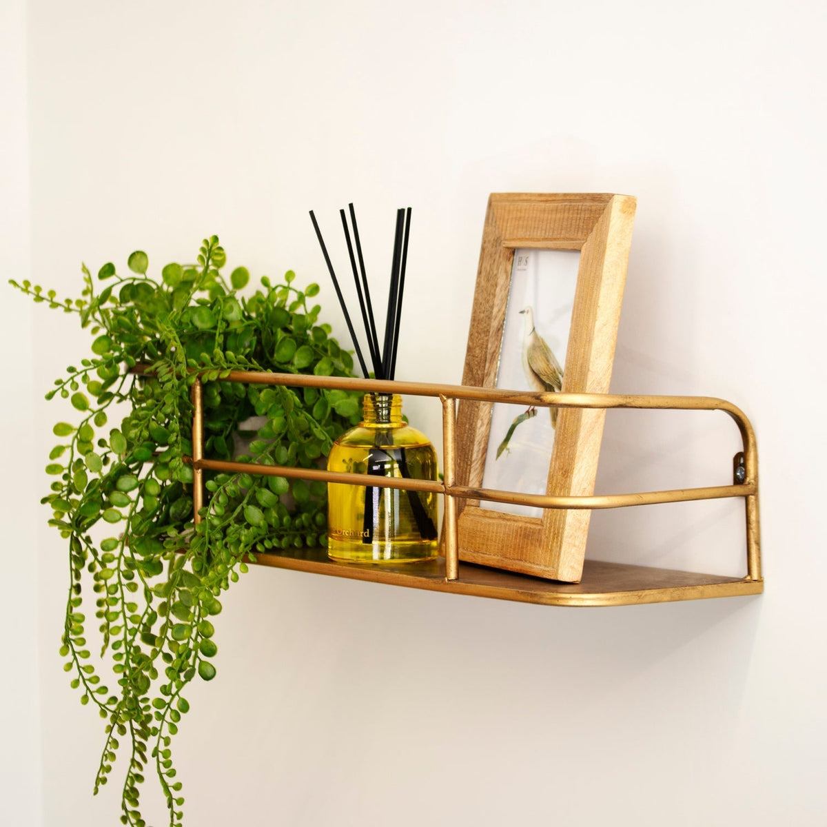 Floating Metal Display Shelf 22 Inches Wide Warm Brass Finish for Kitchen Bathroom Entryway Wire Frame Hanging Storage Organizer Rack | Thomler