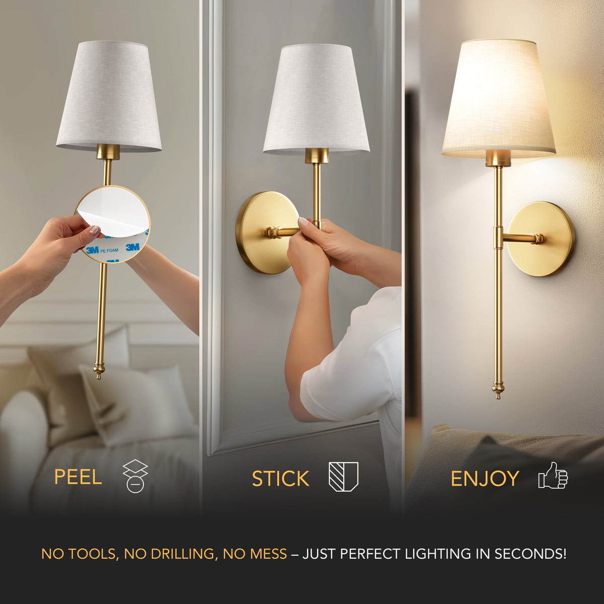 Wandleuchte mit Fernbedienung, 2er-Set, Gold, 50 cm, kabellose Leselampe für Schlaf- und Wohnzimmer, dimmbar, batteriebetrieben, Stoff | Thomler