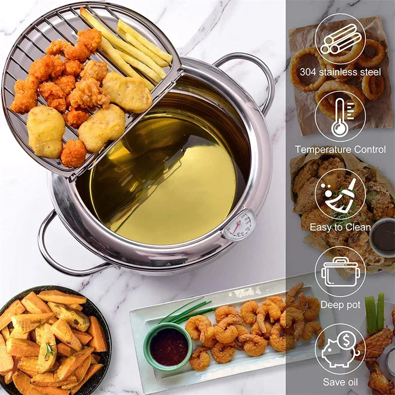 Stainless Steel Tempura Pot with Built-In Thermometer & Oil Strainer Lid 9.4 Inch Silver for Japanese Frying Chicken Karaage Tonkatsu Home K | Thomler