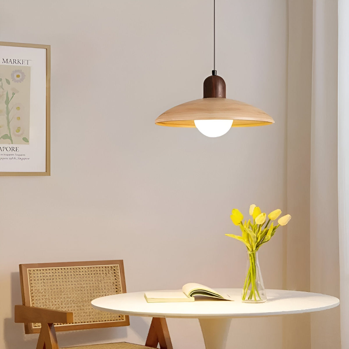 Wood Dome Ceiling Pendant 12 in Walnut Hanging Light for Kitchen Island Dining Table Minimalist Adjustable Cord E27 Socket 110V | Thomler