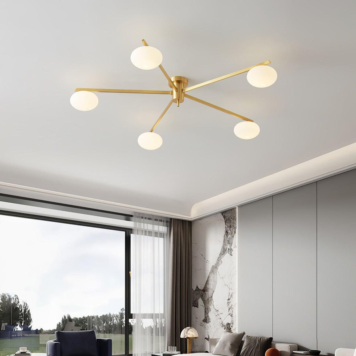 Lámpara de techo semiempotrada ajustable con brazos múltiples y globos esmerilados para comedor, cocina o sala de estar | Estructura en negro o latón, casquillo G9 | Thomler