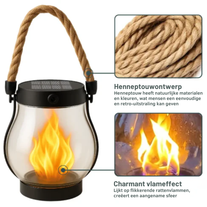 Flickering Flame Outdoor Lantern with Solar Panel 10 in Tall Glass LED Garden Light Waterproof Hanging Patio Decoration Dusk Sensor USB Back | Thomler