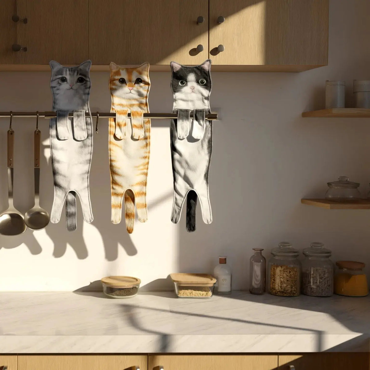 Microfiber Hand Towel with Playful Cat Design & Paw Loop Hanging Tabs for Kitchen & Bathroom | Thomler