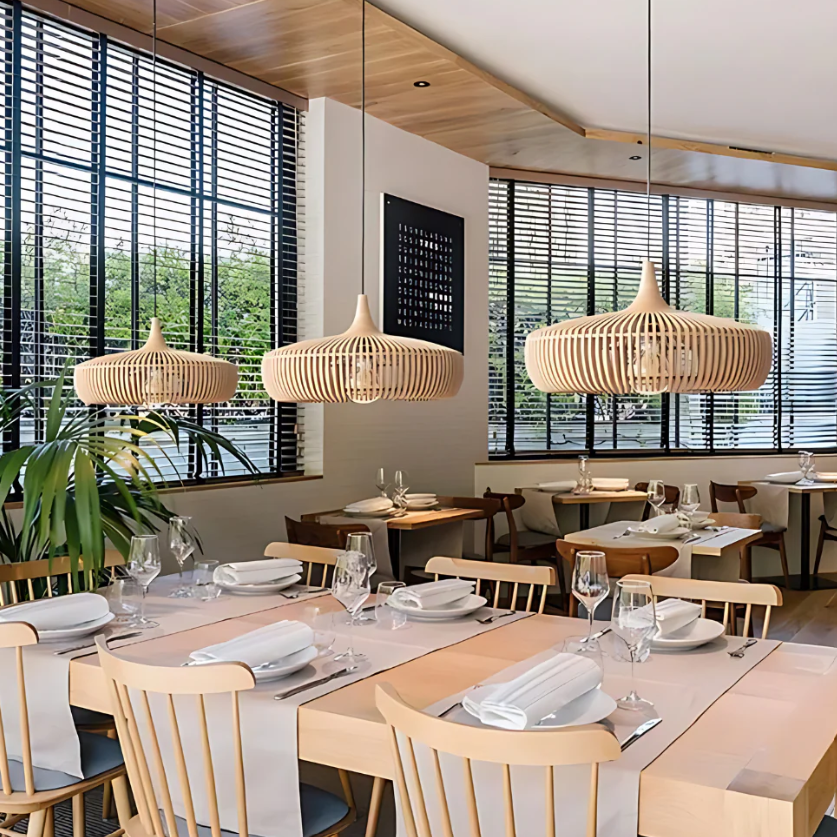 Lámpara colgante de madera de 17 pulgadas con veta natural y marco abierto para isla de cocina o mesa de comedor, iluminación de techo cálida y ambiental, minimalista y moderna | Thomler