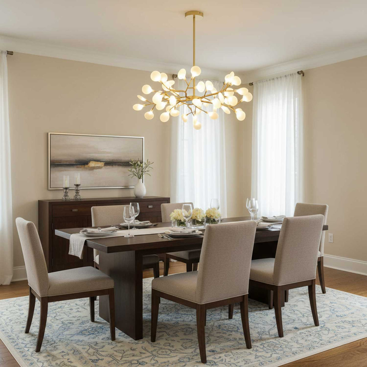 Lámpara de araña de ramas acrílicas con luces LED ajustables para comedor y entrada - de 30 a 63 ramas de luz - Regulable, acabado en metal dorado o negro