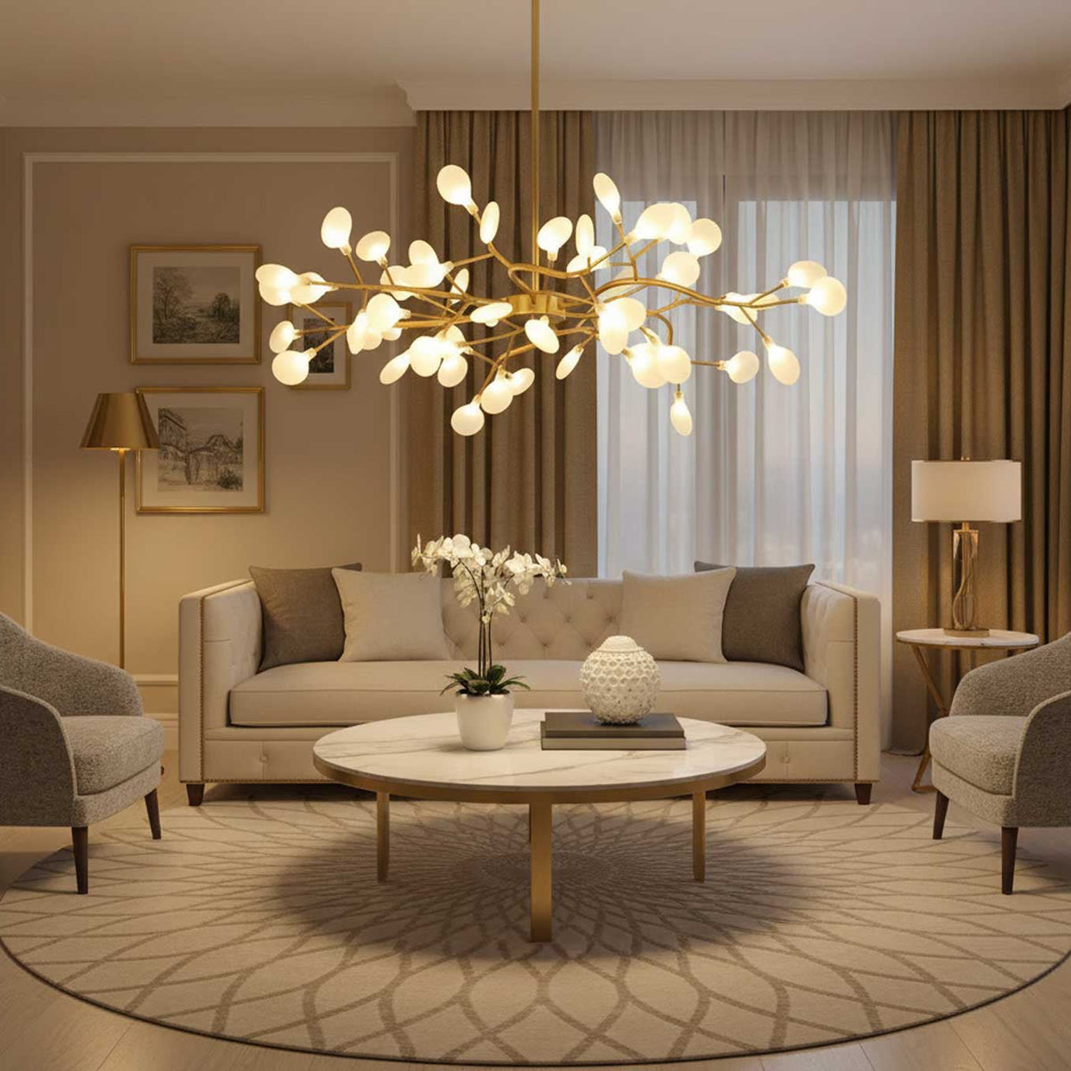 Lámpara de araña de ramas acrílicas con luces LED ajustables para comedor y entrada - de 30 a 63 ramas de luz - Regulable, acabado en metal dorado o negro