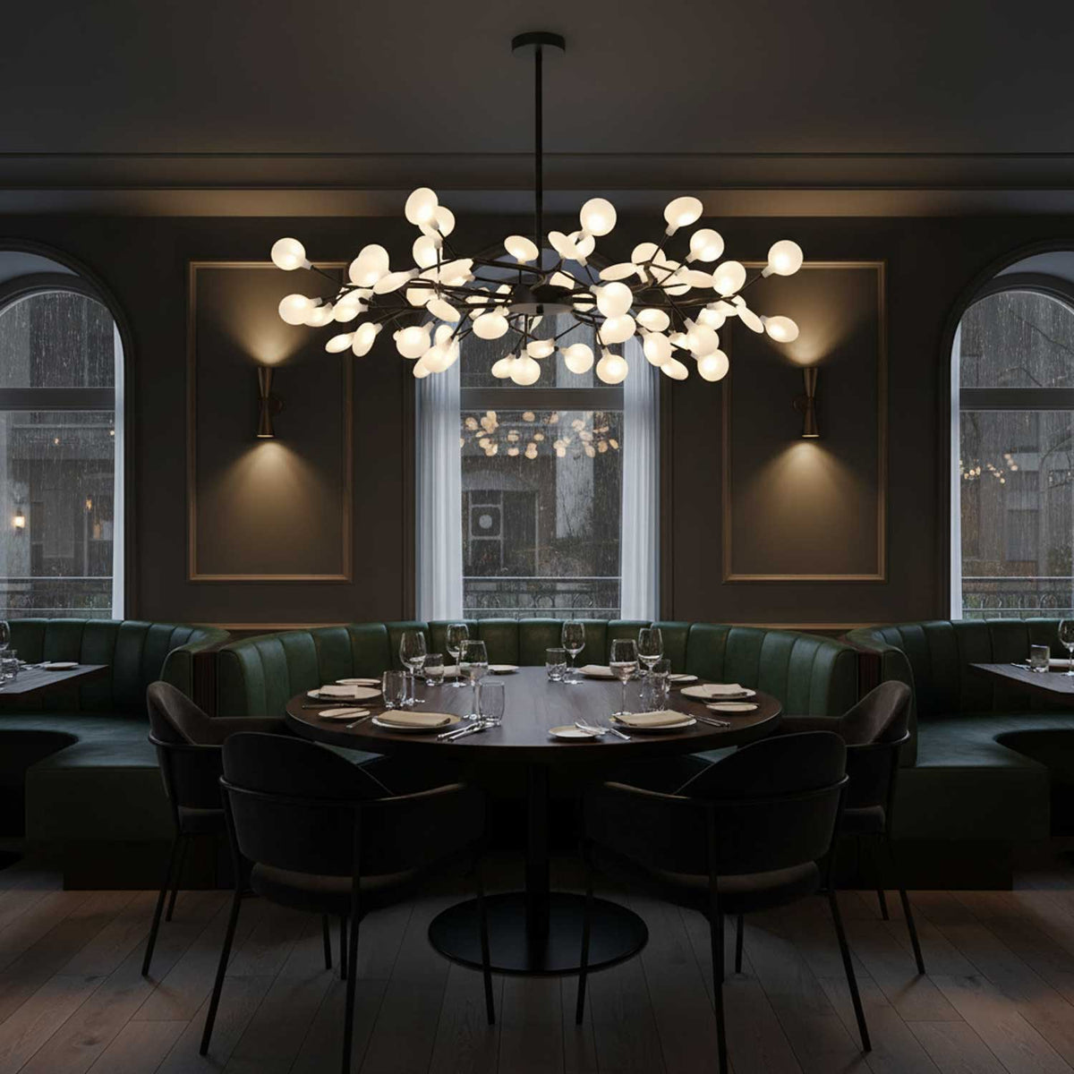 Lámpara de araña de ramas acrílicas con luces LED ajustables para comedor y entrada - de 30 a 63 ramas de luz - Regulable, acabado en metal dorado o negro