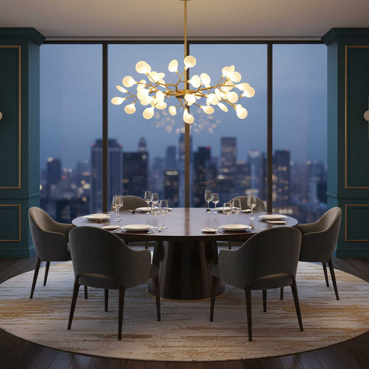 Lámpara de araña de ramas acrílicas con luces LED ajustables para comedor y entrada - de 30 a 63 ramas de luz - Regulable, acabado en metal dorado o negro