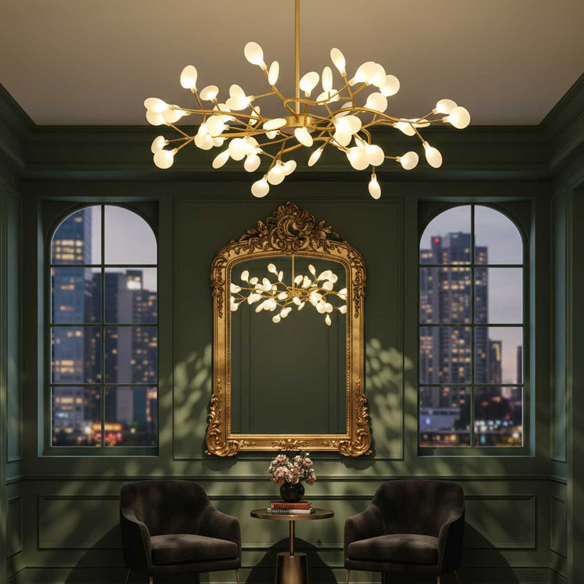 Lámpara de araña de ramas acrílicas con luces LED ajustables para comedor y entrada - de 30 a 63 ramas de luz - Regulable, acabado en metal dorado o negro