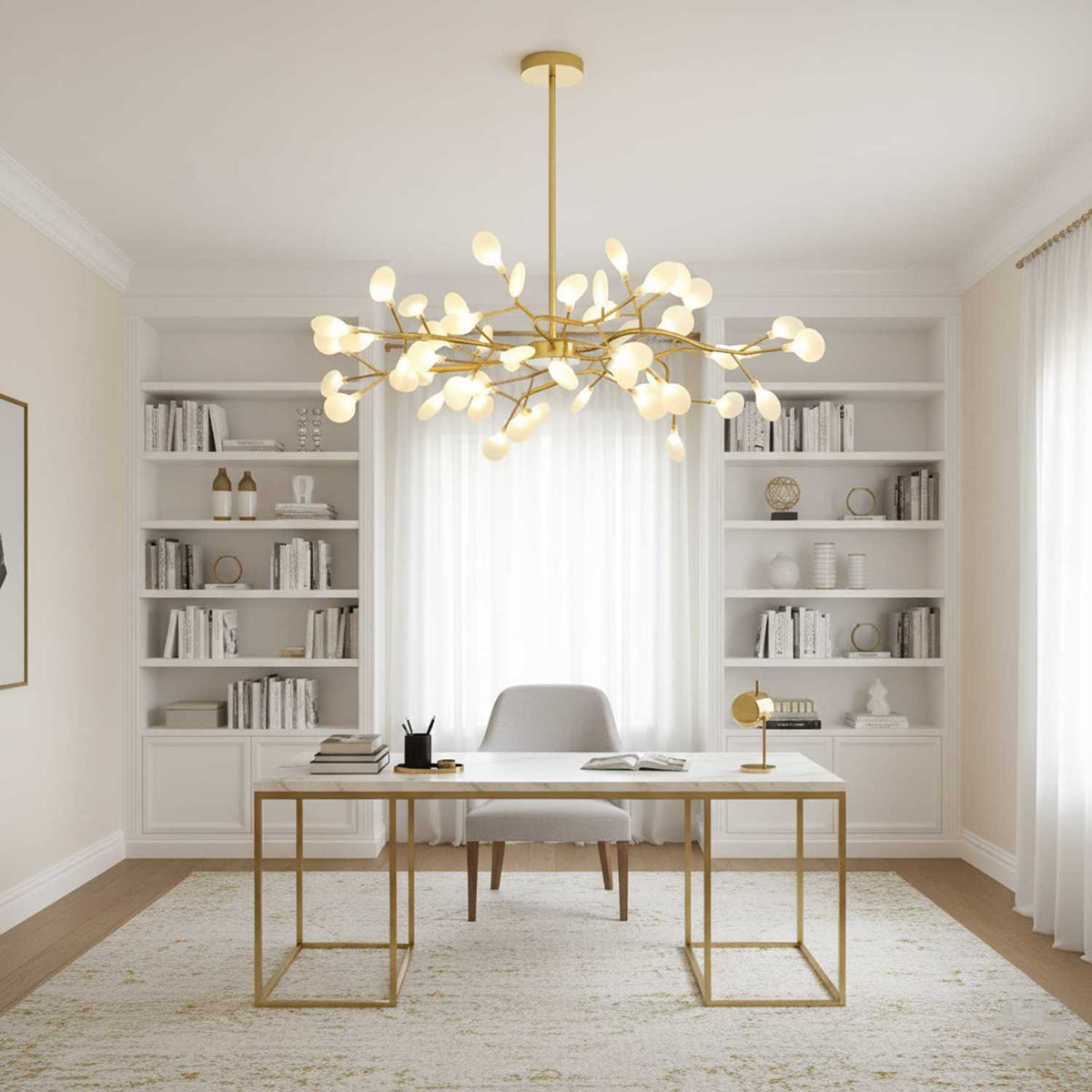 Lámpara de araña de ramas acrílicas con luces LED ajustables para comedor y entrada - de 30 a 63 ramas de luz - Regulable, acabado en metal dorado o negro