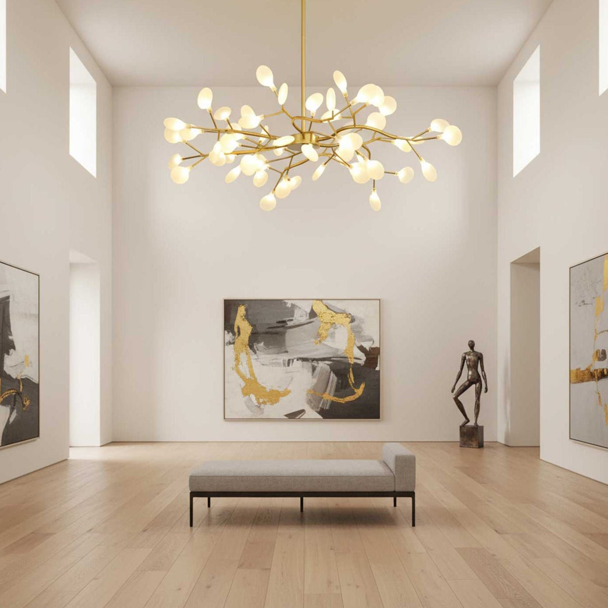 Lámpara de araña de ramas acrílicas con luces LED ajustables para comedor y entrada - de 30 a 63 ramas de luz - Regulable, acabado en metal dorado o negro