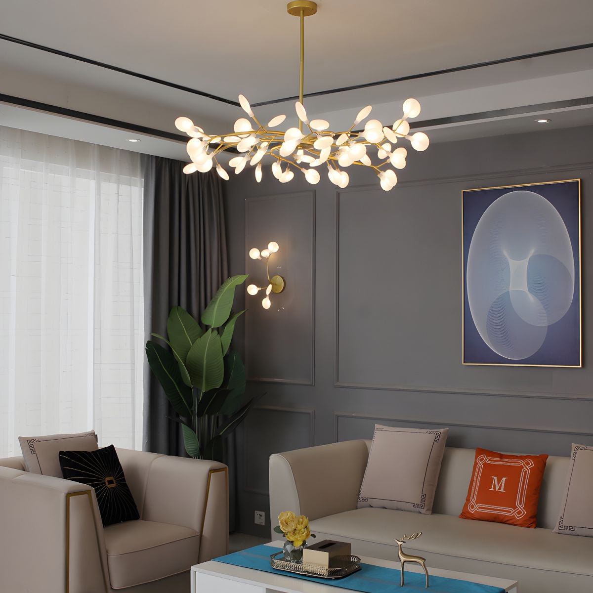 Lámpara de araña de ramas acrílicas con luces LED ajustables para comedor y entrada - de 30 a 63 ramas de luz - Regulable, acabado en metal dorado o negro