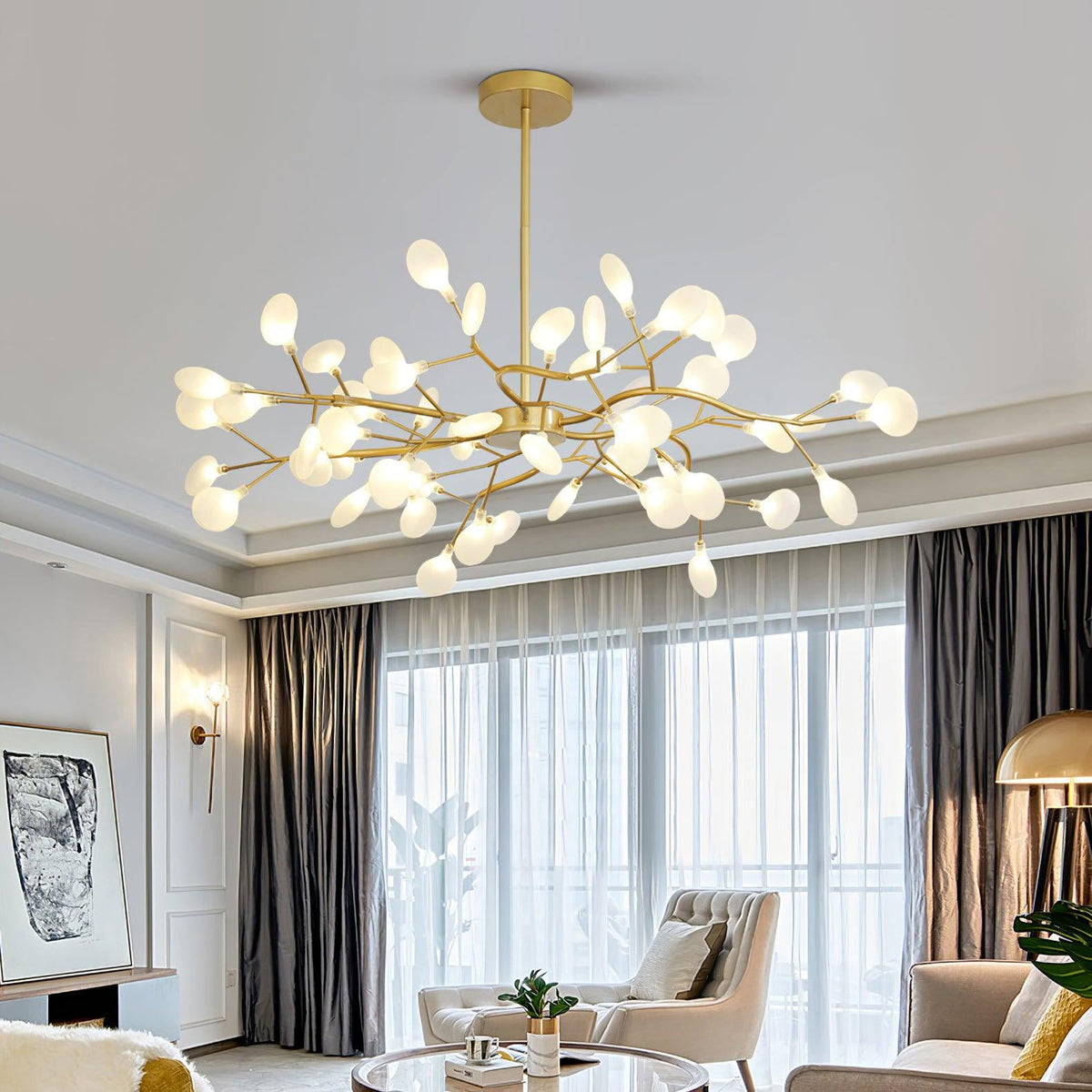 Lámpara de araña de ramas acrílicas con luces LED ajustables para comedor y entrada - de 30 a 63 ramas de luz - Regulable, acabado en metal dorado o negro