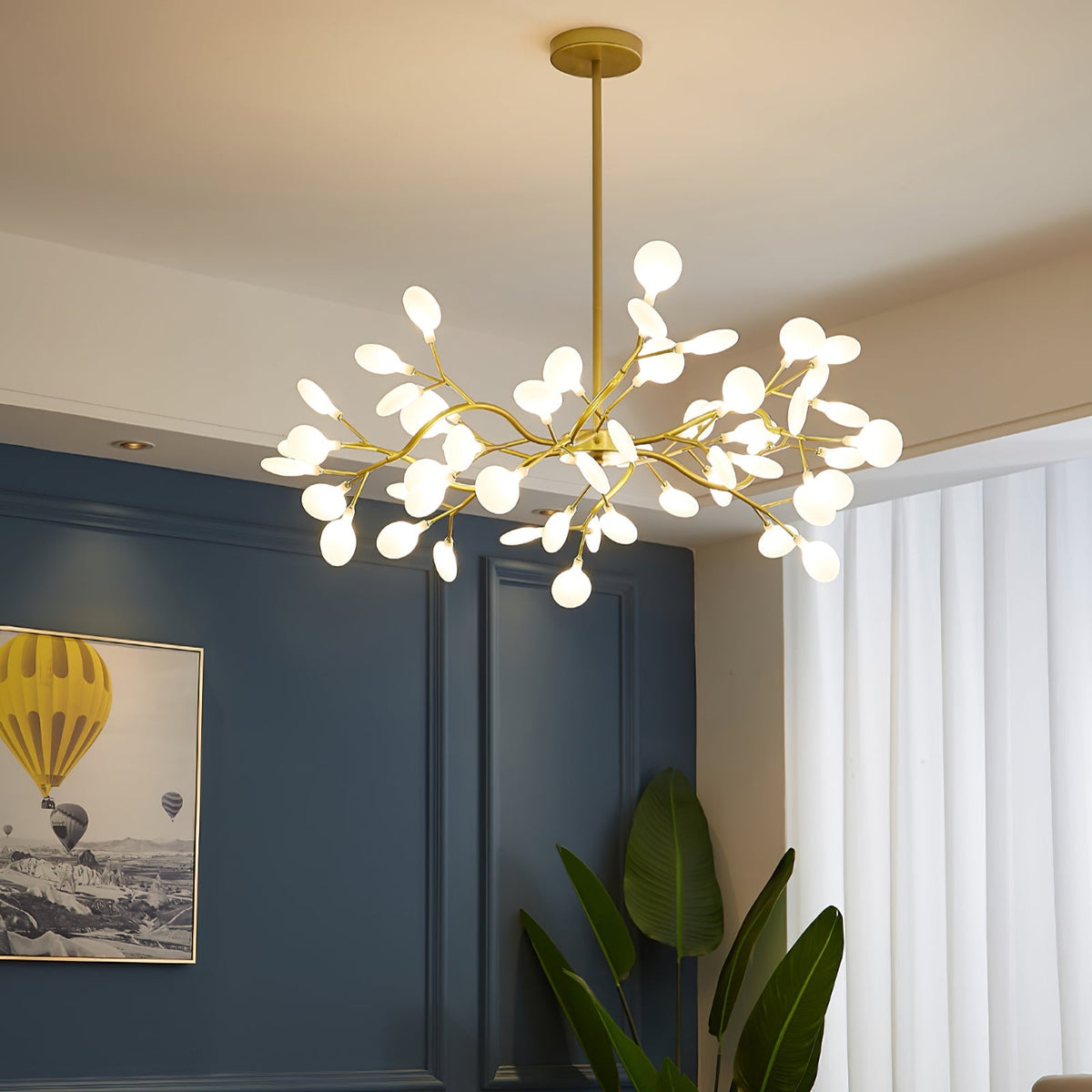 Lámpara de araña de ramas acrílicas con luces LED ajustables para comedor y entrada - de 30 a 63 ramas de luz - Regulable, acabado en metal dorado o negro