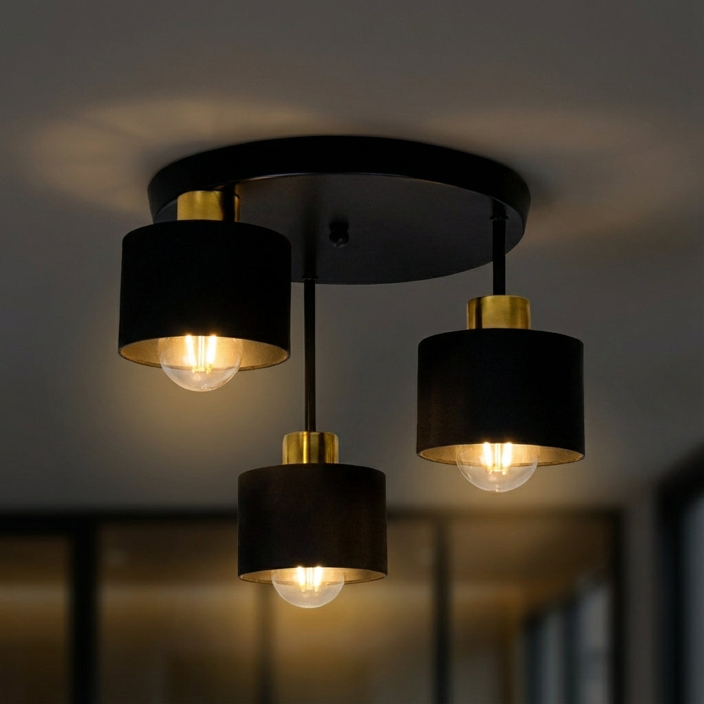 Three-Light Flush Mount Fixture Steel 12-Inch Black Gold Ceiling Lamp E27 for Dining Room Bedroom Hallway Modern Industrial Home Lighting | Thomler