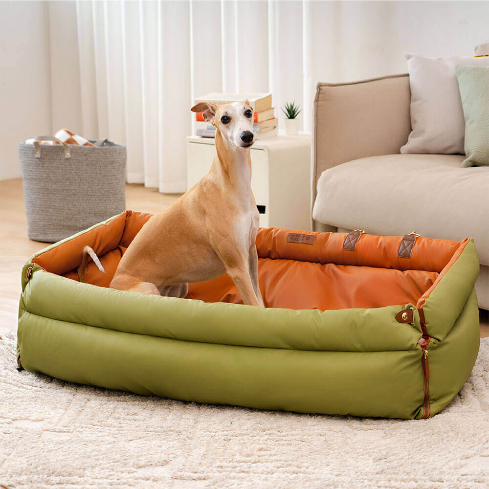 Elevated Pet Car Seat with Cushioned Bolsters for Medium to Large Dogs – Faux Leather Travel Booster Bed for SUVs & Sedans
