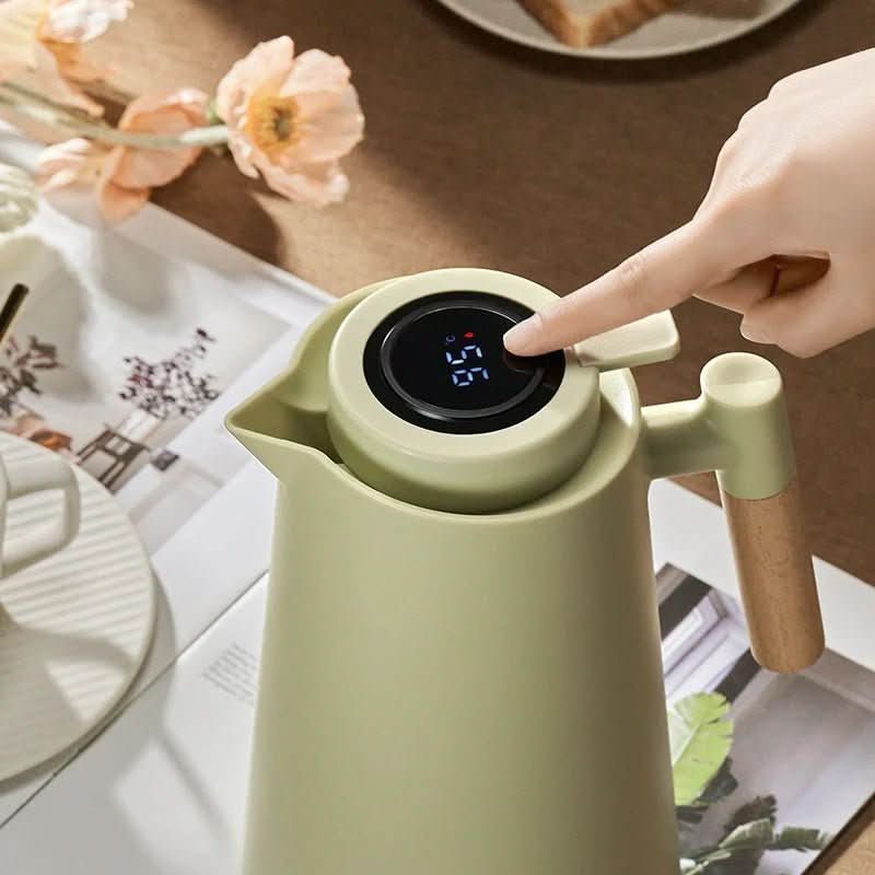 Botella de agua aislada con pantalla digital de temperatura de 34 oz, termo de acero inoxidable con asa de madera para café, té, bebidas frías y calientes, acampada | Thomler