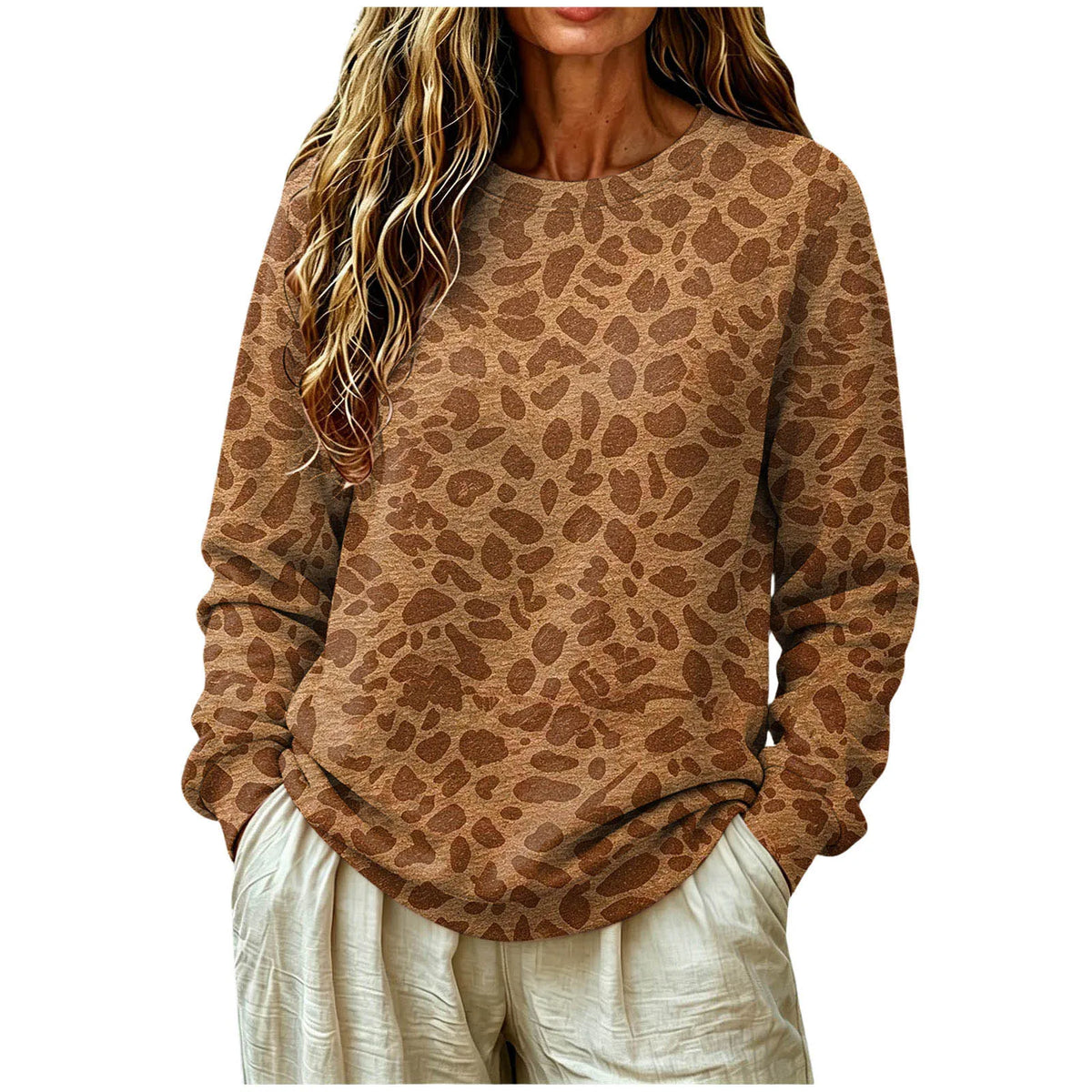 Oversized-Sweatshirt mit Leopardenmuster, Rundhalsausschnitt und langen Ärmeln