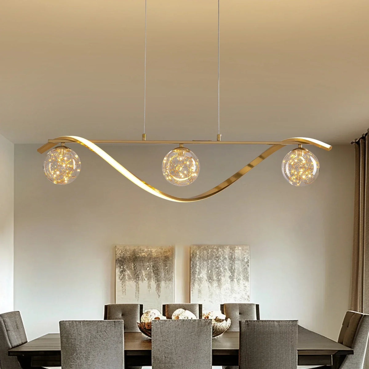 Linear LED Ceiling Fixture with Glass Globes for Dining Table & Island – 39 inch Gold or Chrome Hanging Lamp with Adjustable Height – Modern | Thomler