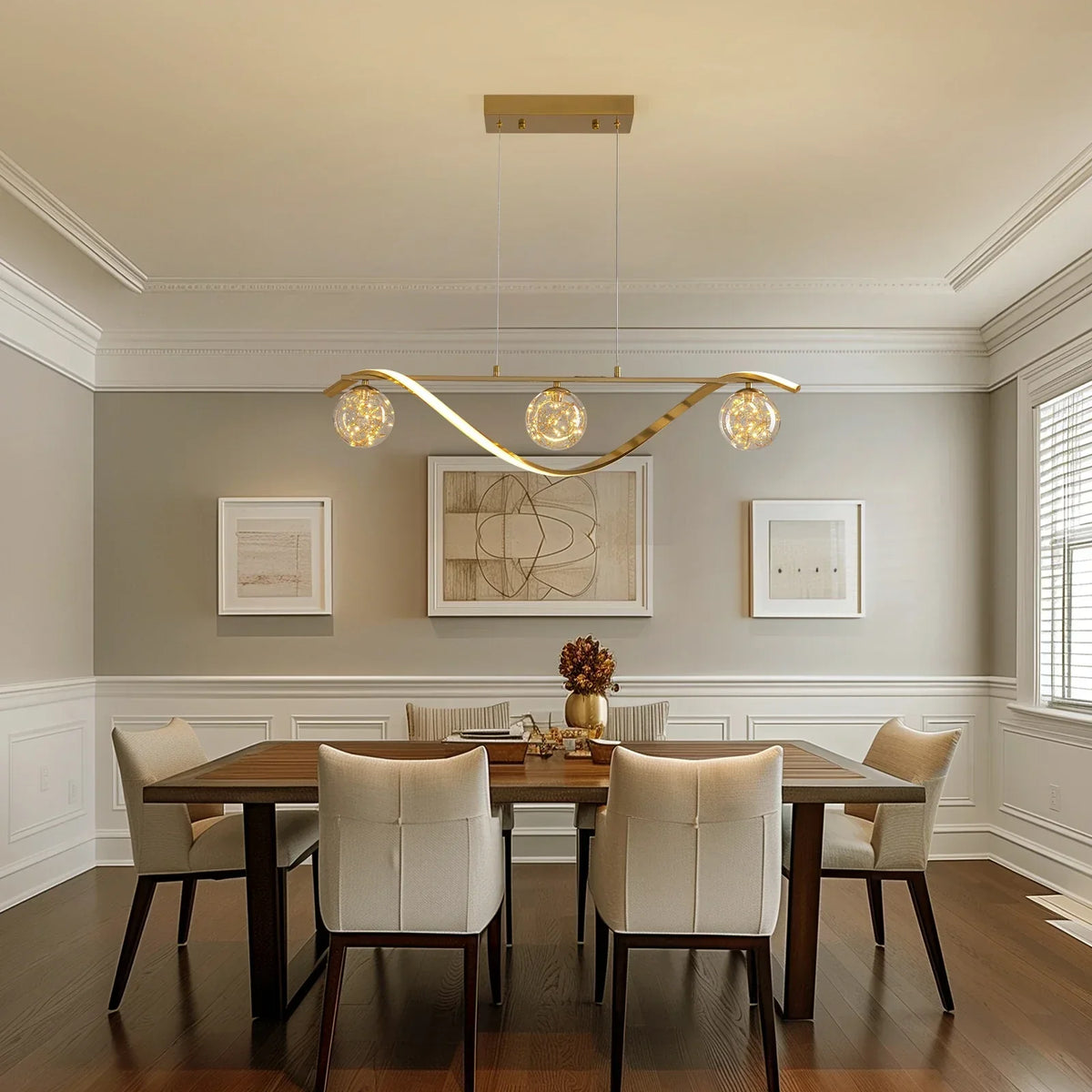 Linear LED Ceiling Fixture with Glass Globes for Dining Table & Island – 39 inch Gold or Chrome Hanging Lamp with Adjustable Height – Modern | Thomler
