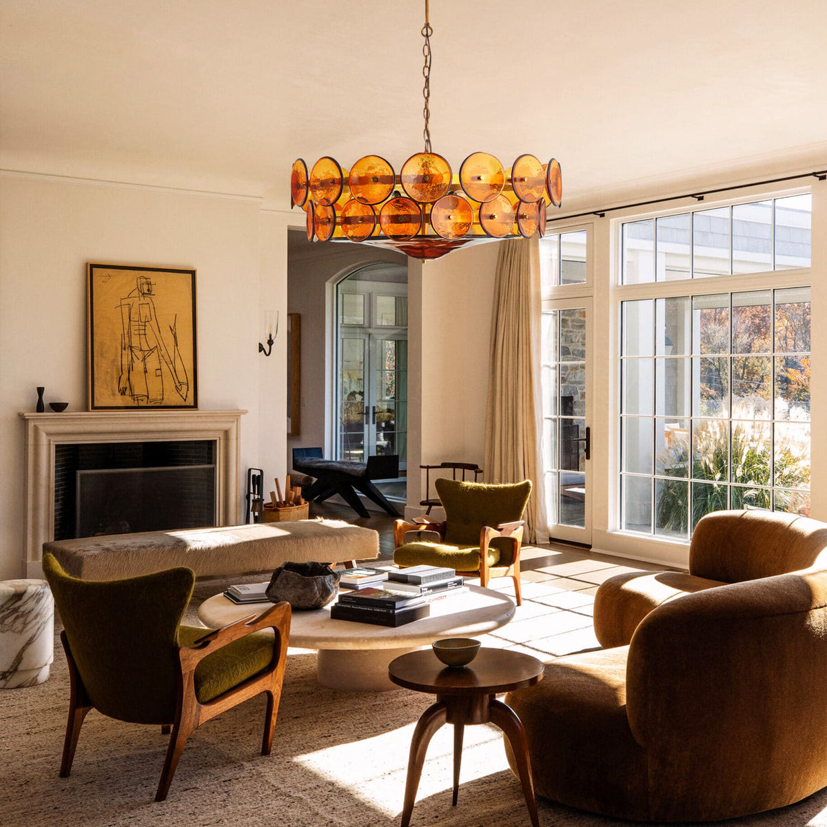 Gelaagde glazen schijfhangerlamp voor de eetkamer – Amberkleurige ronde plafondlamp – Verstelbare hanglamp voor kookeiland woonkamer | Thomler