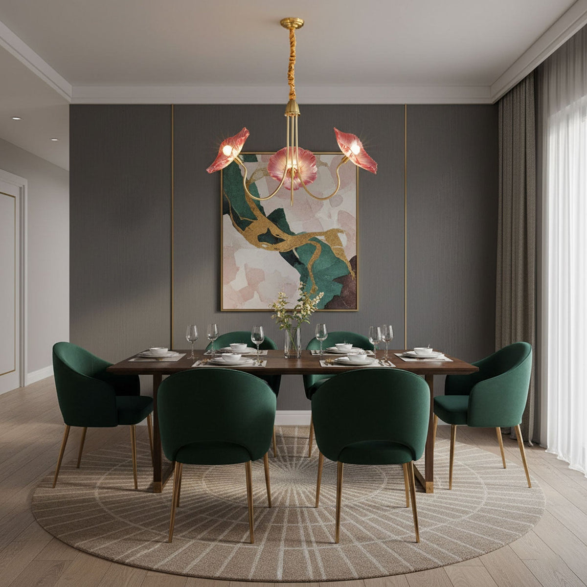 Lámpara colgante botánica de cristal de 35 pulgadas con acabado dorado para comedor, sala de estar o vestíbulo, iluminación ambiental superior | Thomler