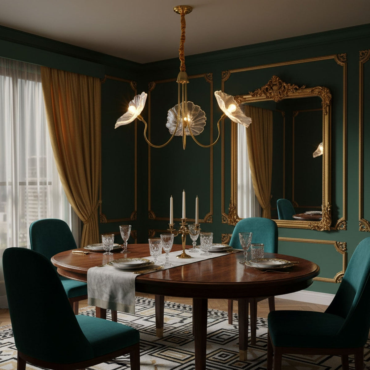 Lámpara colgante botánica de cristal de 35 pulgadas con acabado dorado para comedor, sala de estar o vestíbulo, iluminación ambiental superior | Thomler