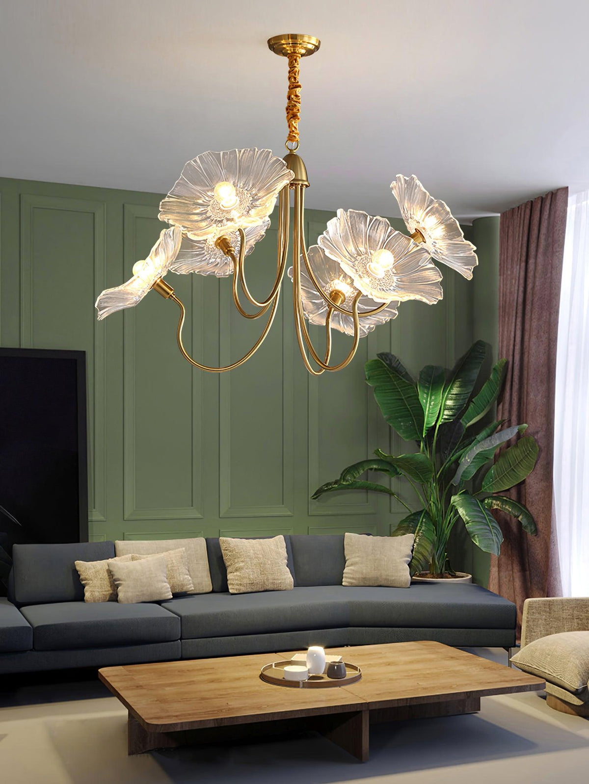 Lámpara colgante botánica de cristal de 35 pulgadas con acabado dorado para comedor, sala de estar o vestíbulo, iluminación ambiental superior | Thomler