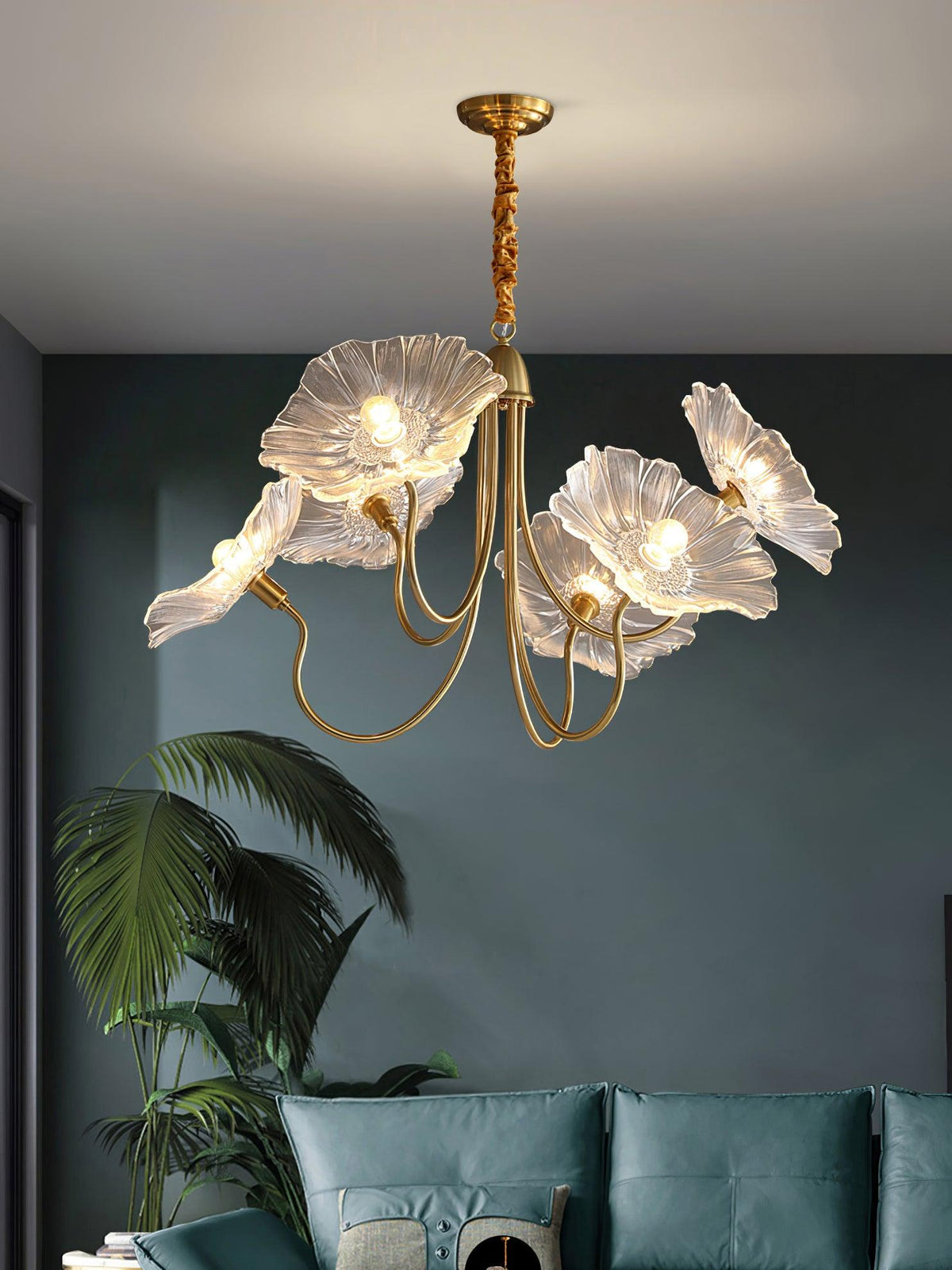 Lámpara colgante botánica de cristal de 35 pulgadas con acabado dorado para comedor, sala de estar o vestíbulo, iluminación ambiental superior | Thomler