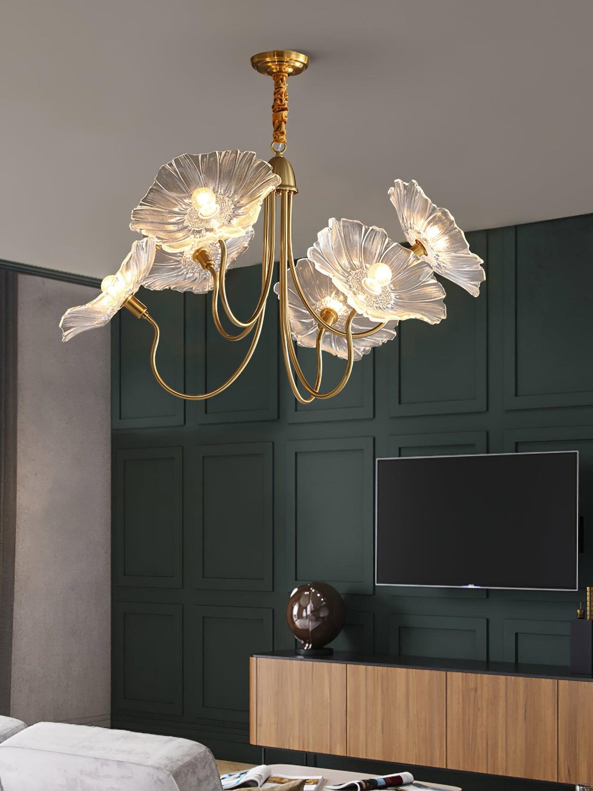 Lámpara colgante botánica de cristal de 35 pulgadas con acabado dorado para comedor, sala de estar o vestíbulo, iluminación ambiental superior | Thomler