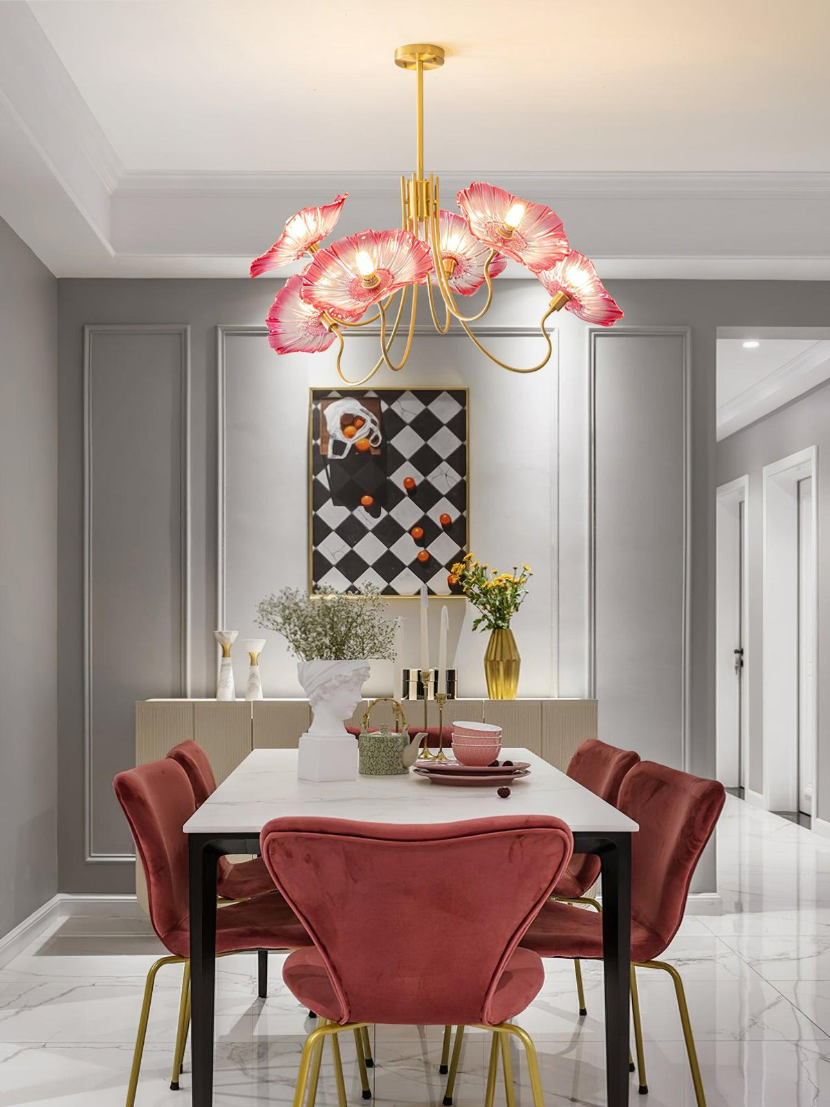 Lámpara colgante botánica de cristal de 35 pulgadas con acabado dorado para comedor, sala de estar o vestíbulo, iluminación ambiental superior | Thomler